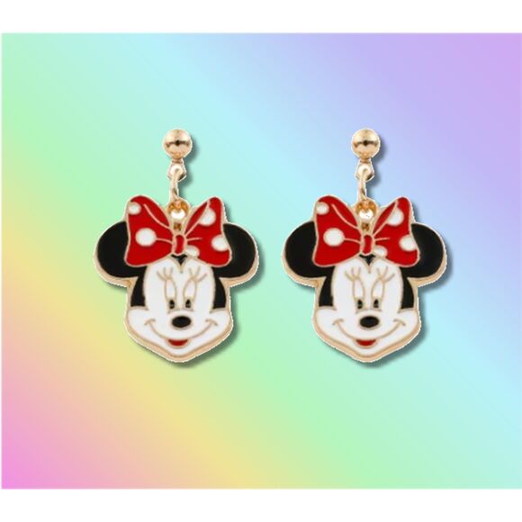 Minnie Mouse Dangle Earrings Metal Red Polka Dot Bow - Picture 1 of 7